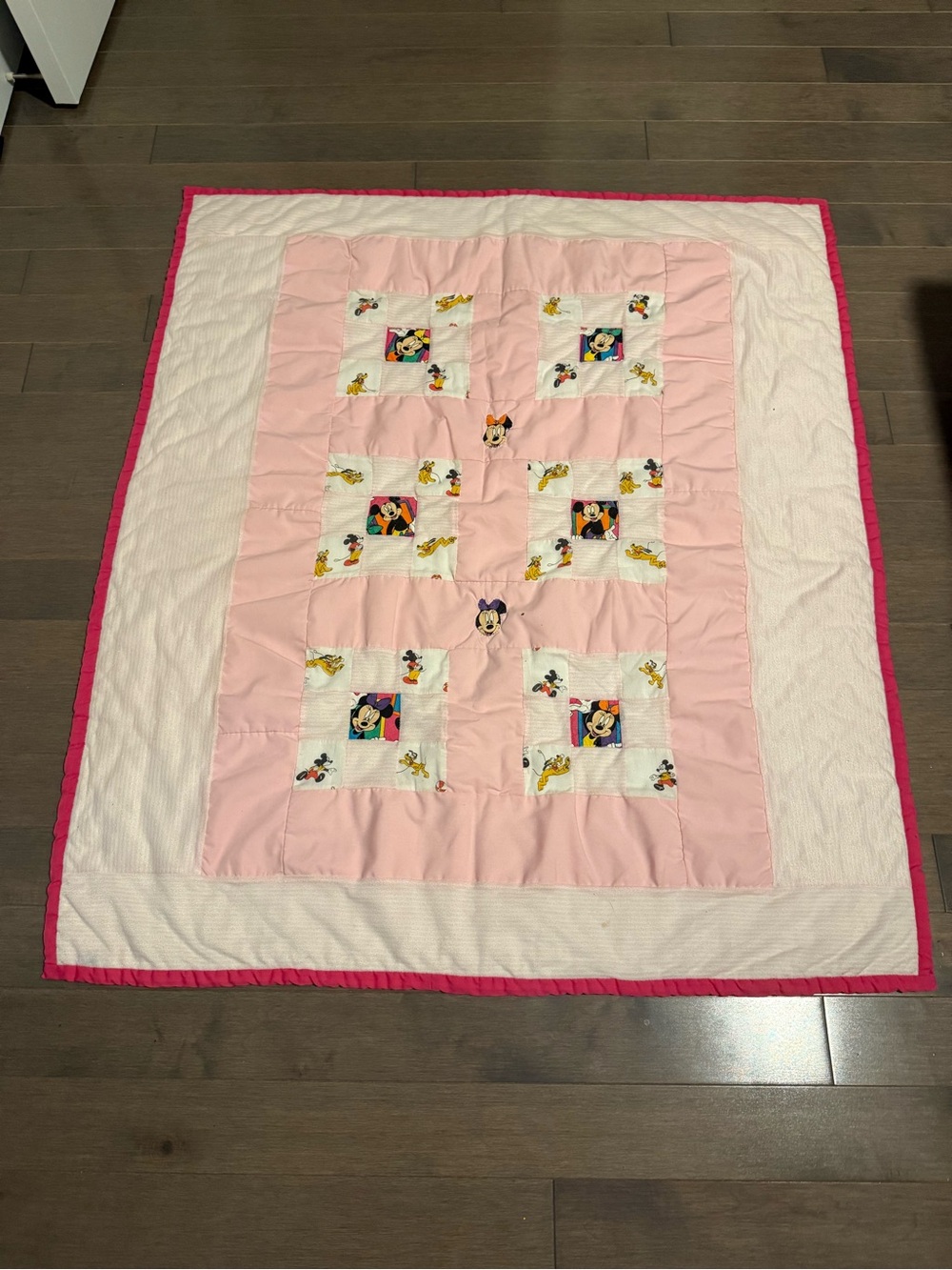Vintage Disney Baby Quilt- Is reversible cute pink pattern on back.